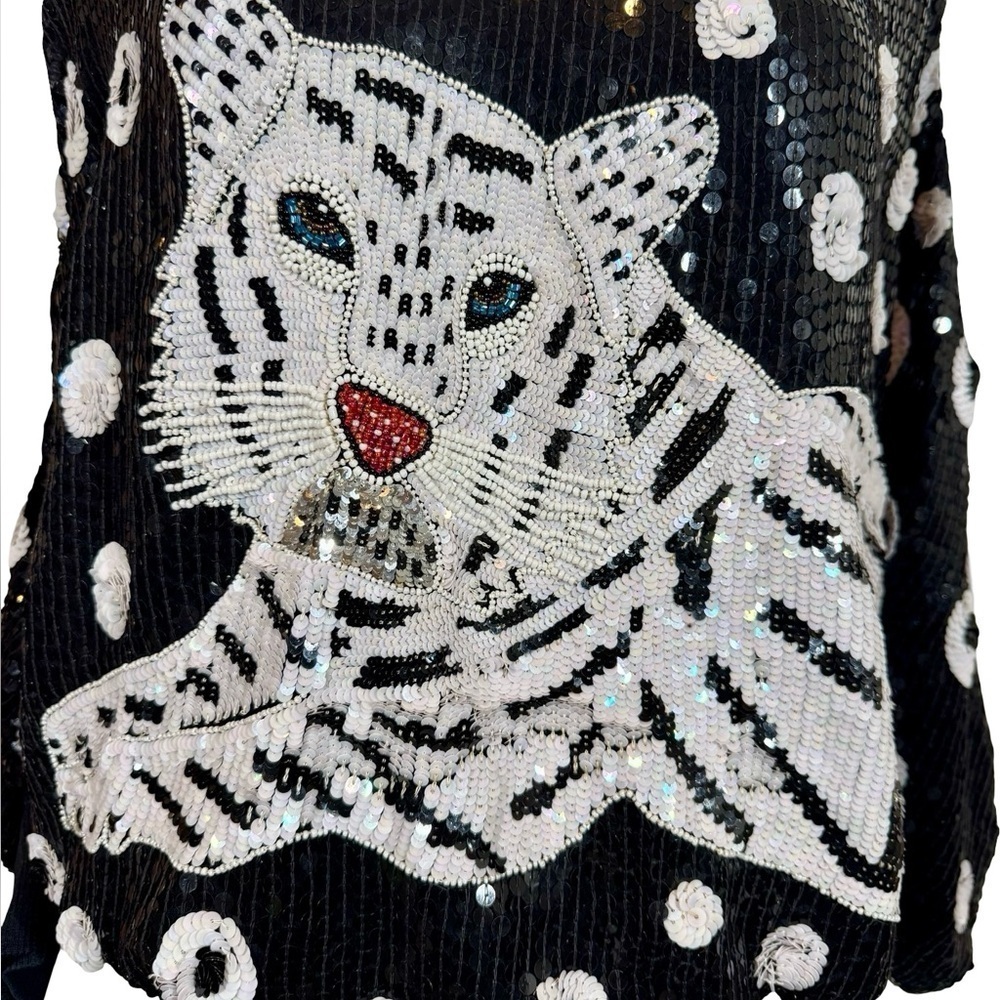 True Vintage 80s Sequin Beaded Tiger Top Dress Black Silk Batwing Sleeve - Picture 4 of 9
